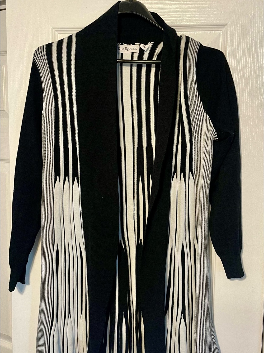 Kim Rogers Black & White Vertical Stripe Open-Front Cardigan